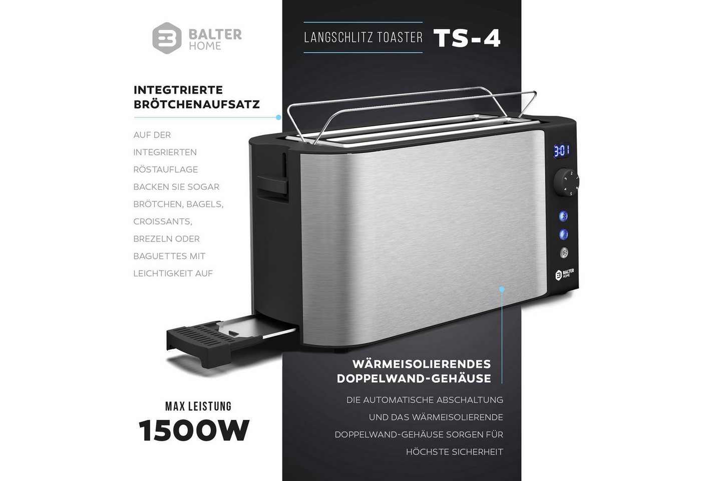 Balter Toaster TS-04-LCD Edehlstahl Silber, Langschlitz, für 4 Scheiben, 1500 W, LCD Restzeitanzeige, Auftaufunktion – Bild 2 von 5