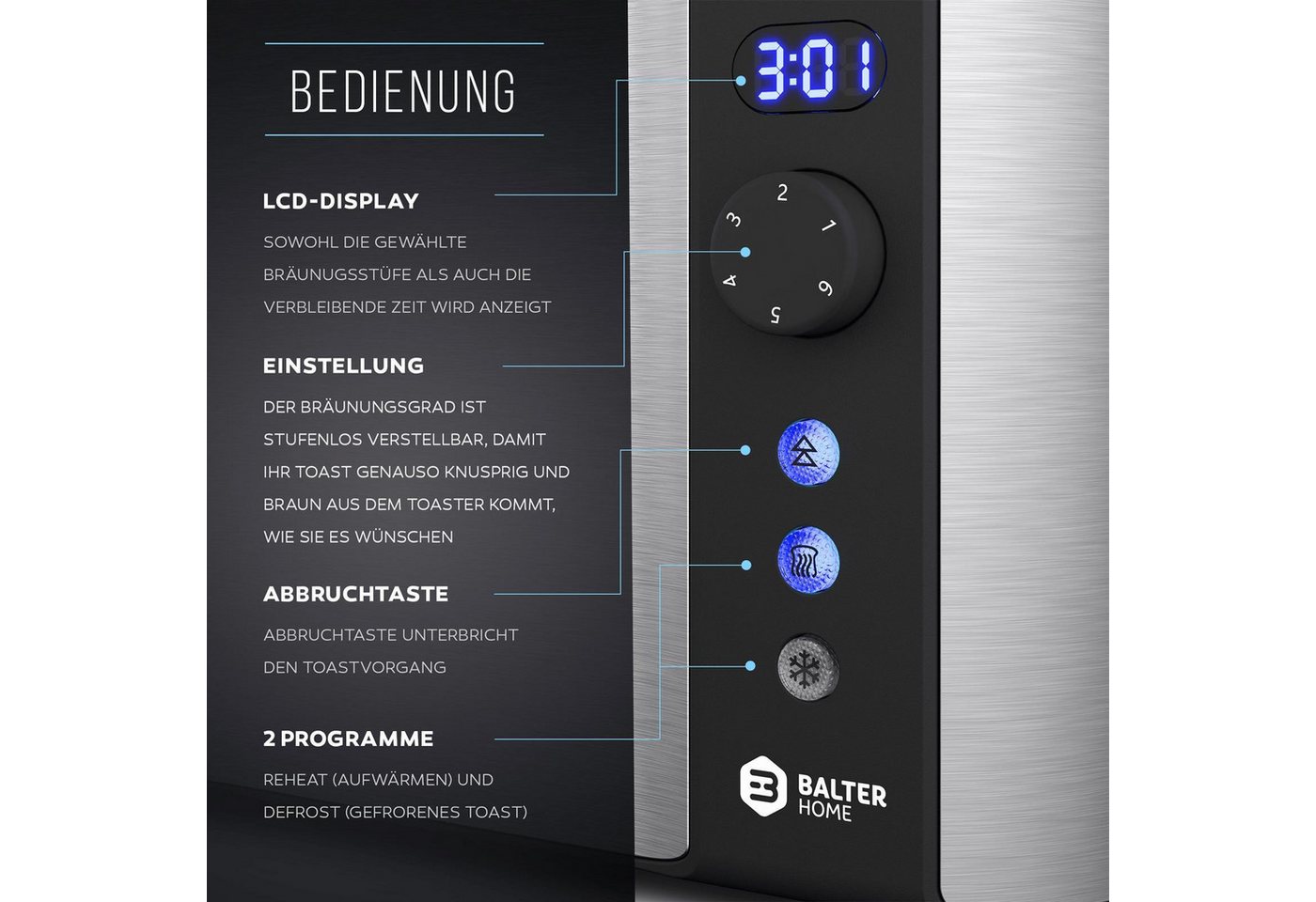 Balter Toaster TS-04-LCD Edehlstahl Silber, Langschlitz, für 4 Scheiben, 1500 W, LCD Restzeitanzeige, Auftaufunktion – Bild 3 von 5