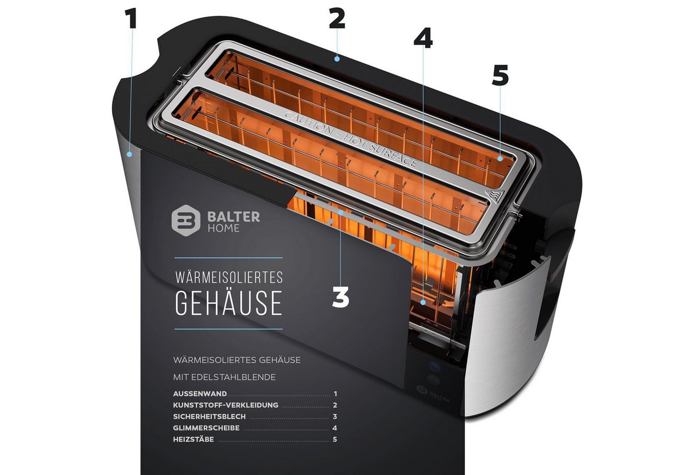 Balter Toaster TS-04-LCD Edehlstahl Silber, Langschlitz, für 4 Scheiben, 1500 W, LCD Restzeitanzeige, Auftaufunktion – Bild 4 von 5