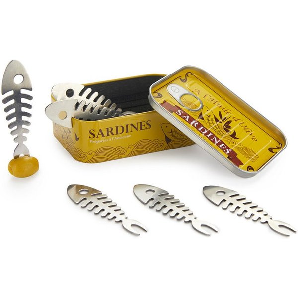 Balvi Brotzeitgabel Sardines Set - 6er Set Aperitiv-Gabeln Sardinen - Metall Piekser (6 Stück), Cocktailspieße, Cocktail-Gabeln in Sardinendose - Snackgabel Sar