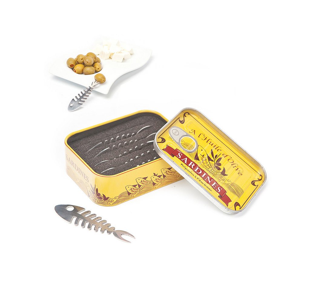 Balvi Brotzeitgabel Sardines Set - 6er Set Aperitiv-Gabeln Sardinen - Metall Piekser (6 Stück), Cocktailspieße, Cocktail-Gabeln in Sardinendose - Snackgabel Sar – Bild 2 von 5