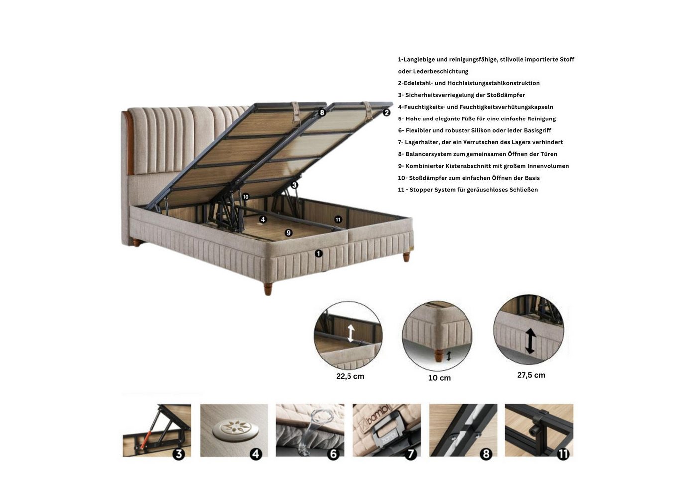Bambi Boxspringbett Kapok Naturel, Bett mit Bettkasten & Matratze, Taschenfederkern H3 (Set, 2 Bettkästen + Matratze + Kopfteil), inkl. Lieferung – Bild 5 von 5