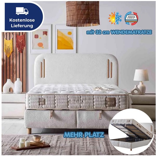 Bambi Boxspringbett mit Matratze Doppelbett Stauraumbett Wendematratze Beige Bett (Boxspringbett 180 x 200, Boxbett Set), Polsterbett Kontinentalbett, dekorativ