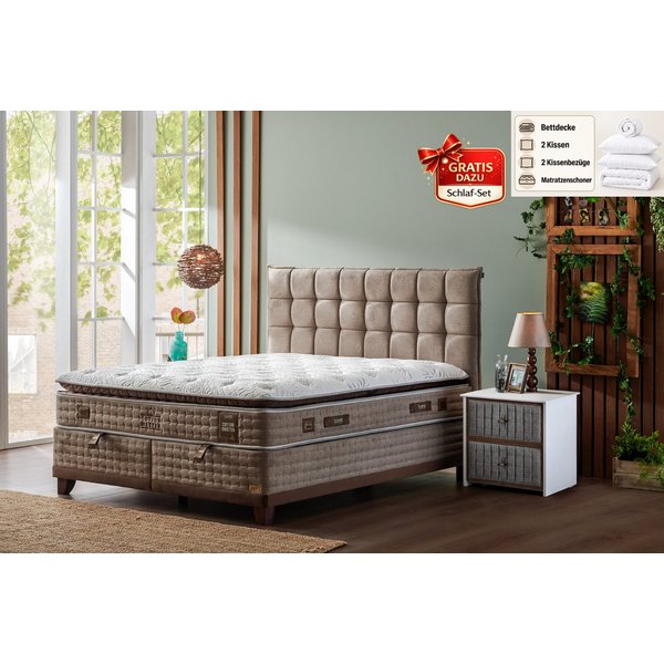 BAMBI YATAK Boxspringbett, Bambi Cotton Master Kompletbett, Matratze mit Topper, Mittelweich H2 (1 x H2 Mittelweich Matratze, 2 x Bettkasten, 1 x Bettkopfteil),