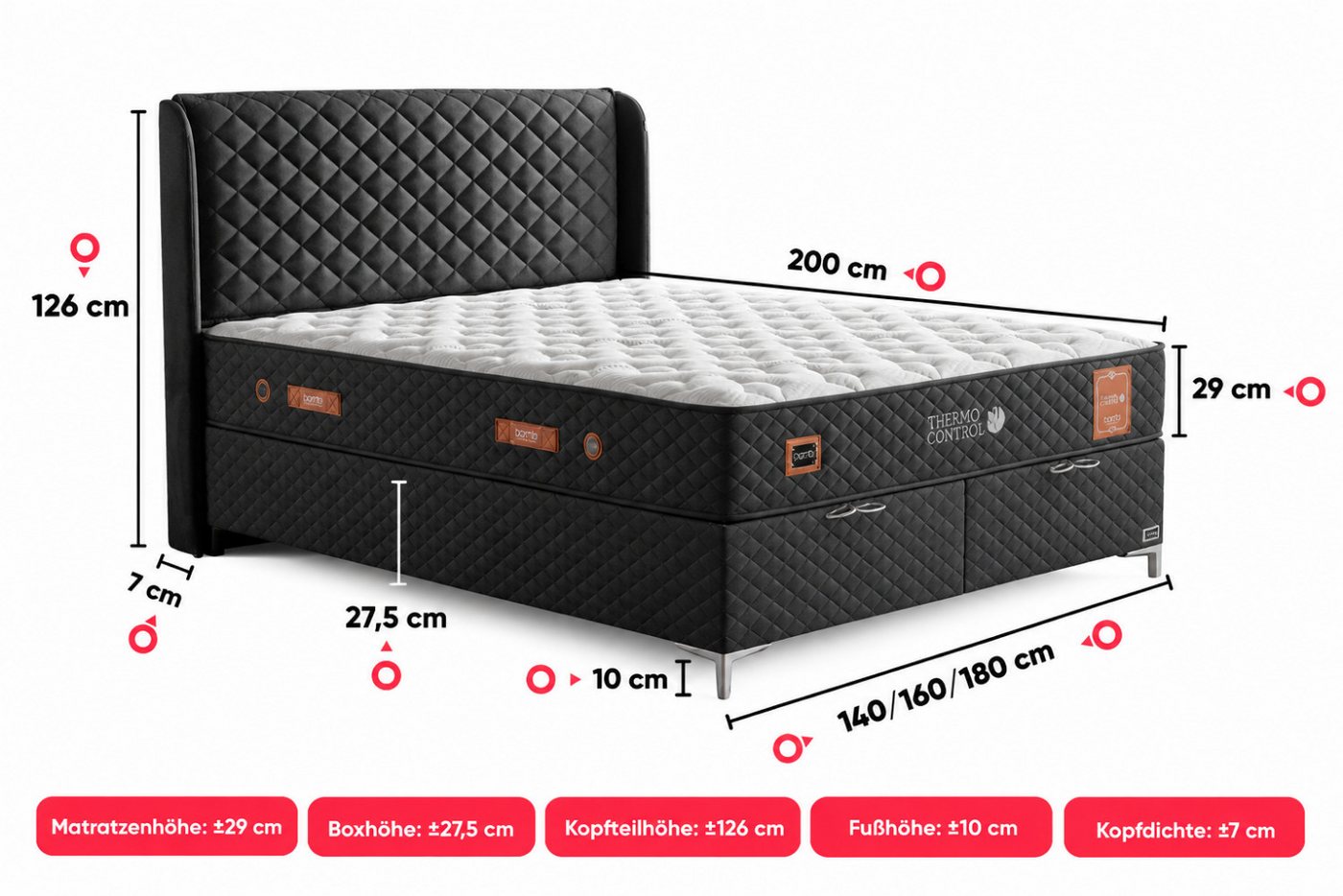 BAMBI YATAK Boxspringbett mit Bettkasten, Bambi Thermo Control, Bett mit Matratze & Stauraum H3 (140x200 cm, Boxbett), Taschenfederkern, Matratzenhöhe: 29 cm, O – Bild 5 von 5