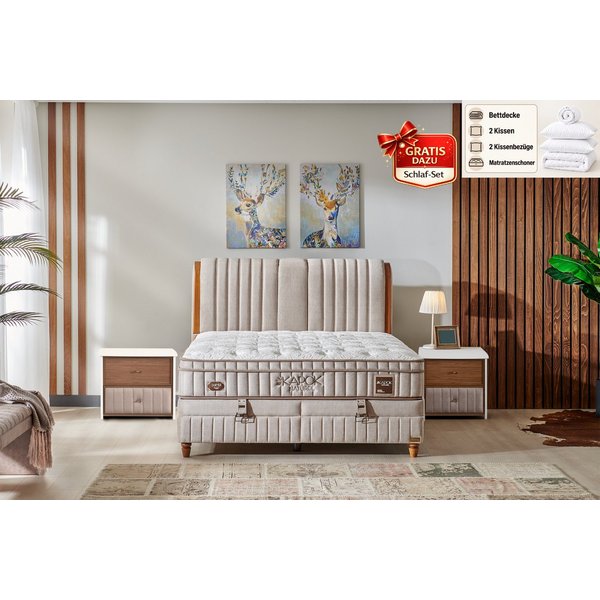 BAMBI YATAK Boxspringbett mit Bettkasten, Bambi Kapok Naturel, Bett mit Matratze opt. Nachttisch (H3 - Mittel, 1 x Matratze, 2 x Bettkasten, 1 x Bettkopfteil), 