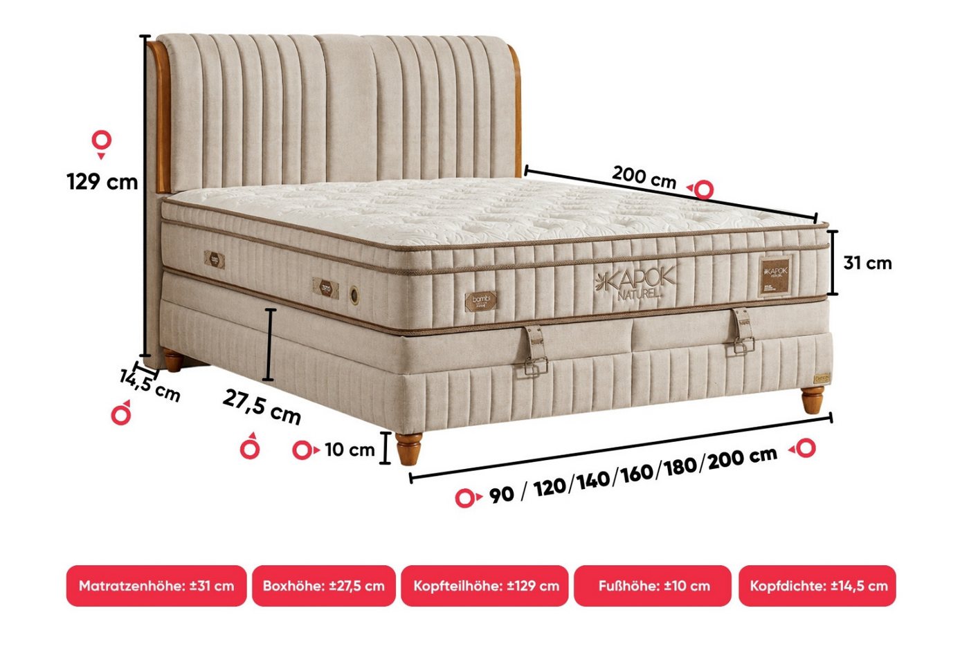BAMBI YATAK Boxspringbett mit Bettkasten, Bambi Kapok Naturel, Bett mit Matratze opt. Nachttisch (H3 - Mittel, 1 x Matratze, 2 x Bettkasten, 1 x Bettkopfteil),  – Bild 4 von 5