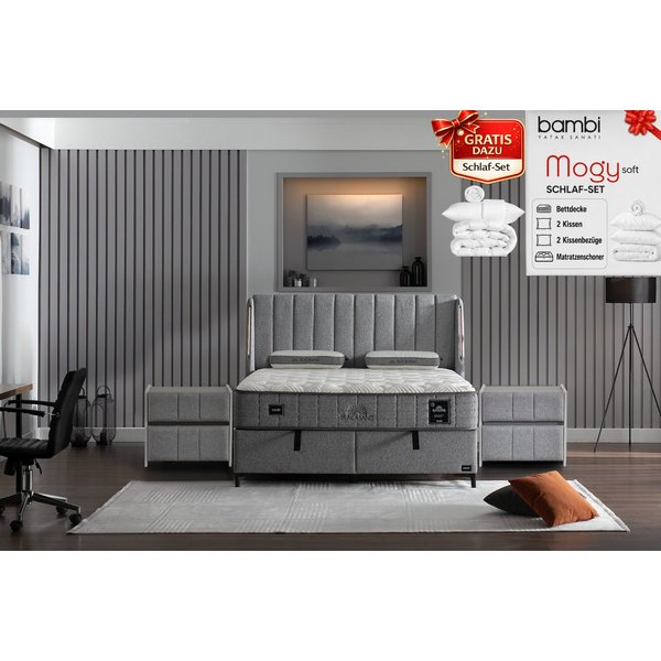 BAMBI YATAK Boxspringbett mit Matratze & Stauraum, Bambi Blacksand, Bett mit/ohne Nachttisch (90x200 cm Bett, 1 x H4 Matratze, 2 x Bettkasten, 1 x Kopfteil), Ta