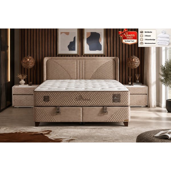 BAMBI YATAK Boxspringbett Set, Bambi Clima Naturel, Schlafzimmerbett, Doppelseitige Matratze, H3 (140x200 cm Bett, 1 x H3 Mittelfest Matratze, 2 x Bettkasten, 1