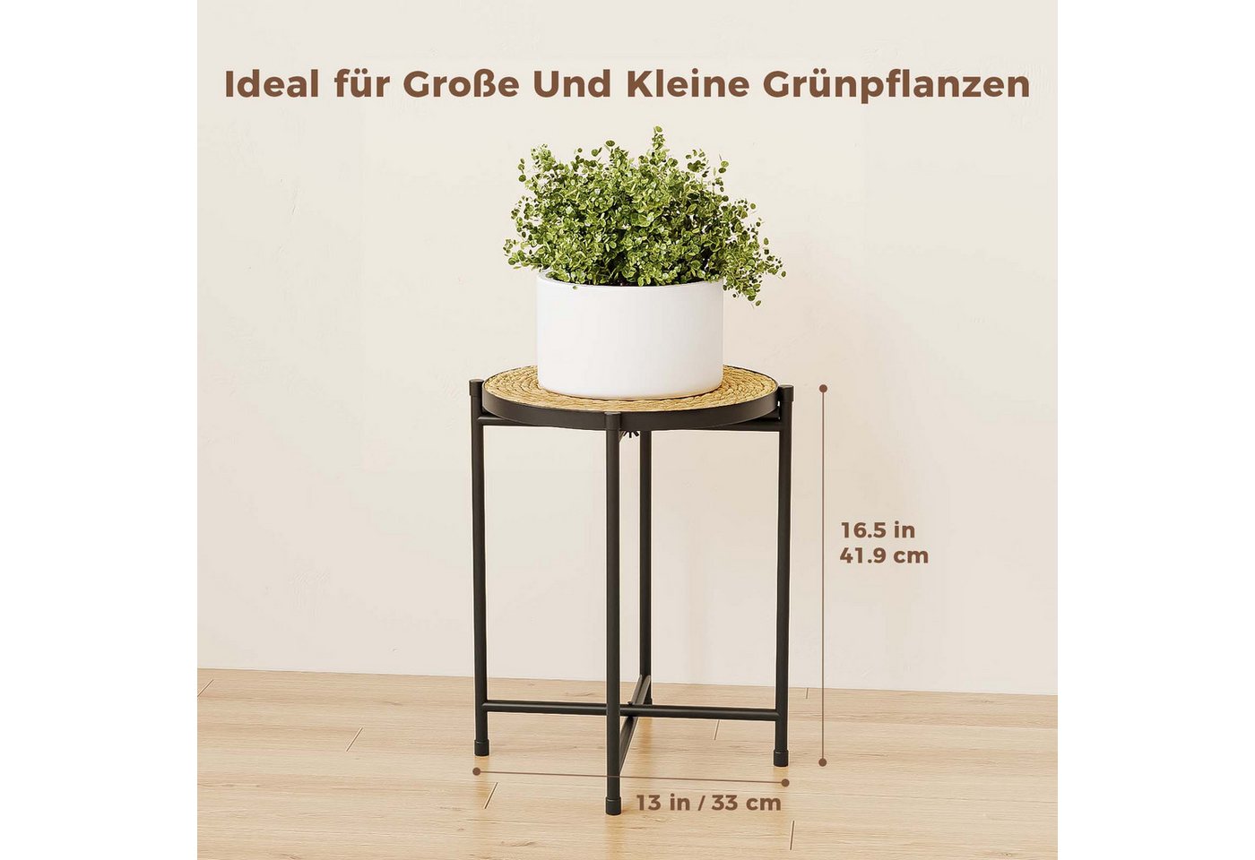 Bamworld Blumenständer Metall-Pflanzenständer mit geflochtenem Tablett (1 St), Modern, Innen & Außen für Wohnzimmer, Terrasse, Balkon – Bild 2 von 5