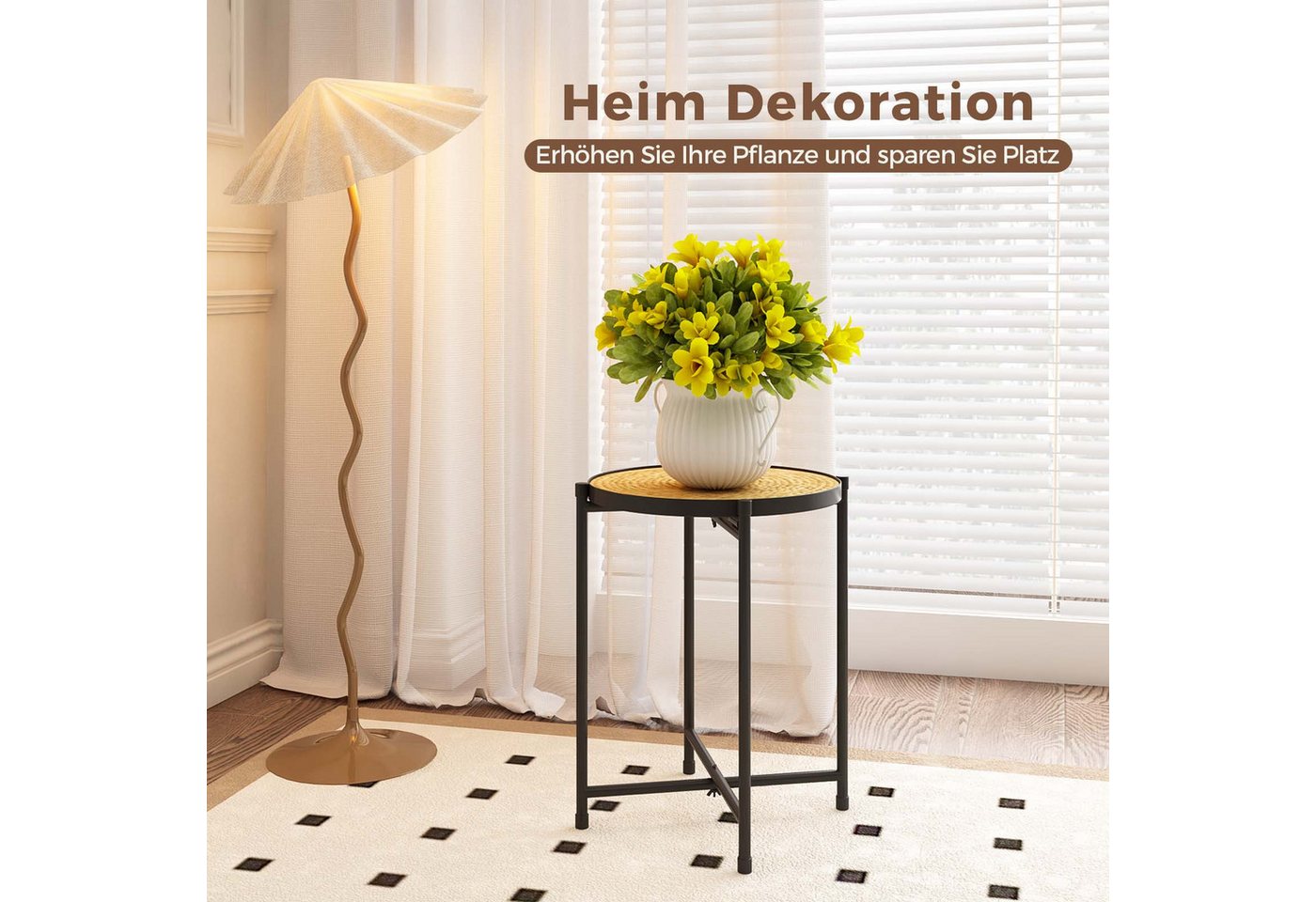 Bamworld Blumenständer Metall-Pflanzenständer mit geflochtenem Tablett (1 St), Modern, Innen & Außen für Wohnzimmer, Terrasse, Balkon – Bild 3 von 5