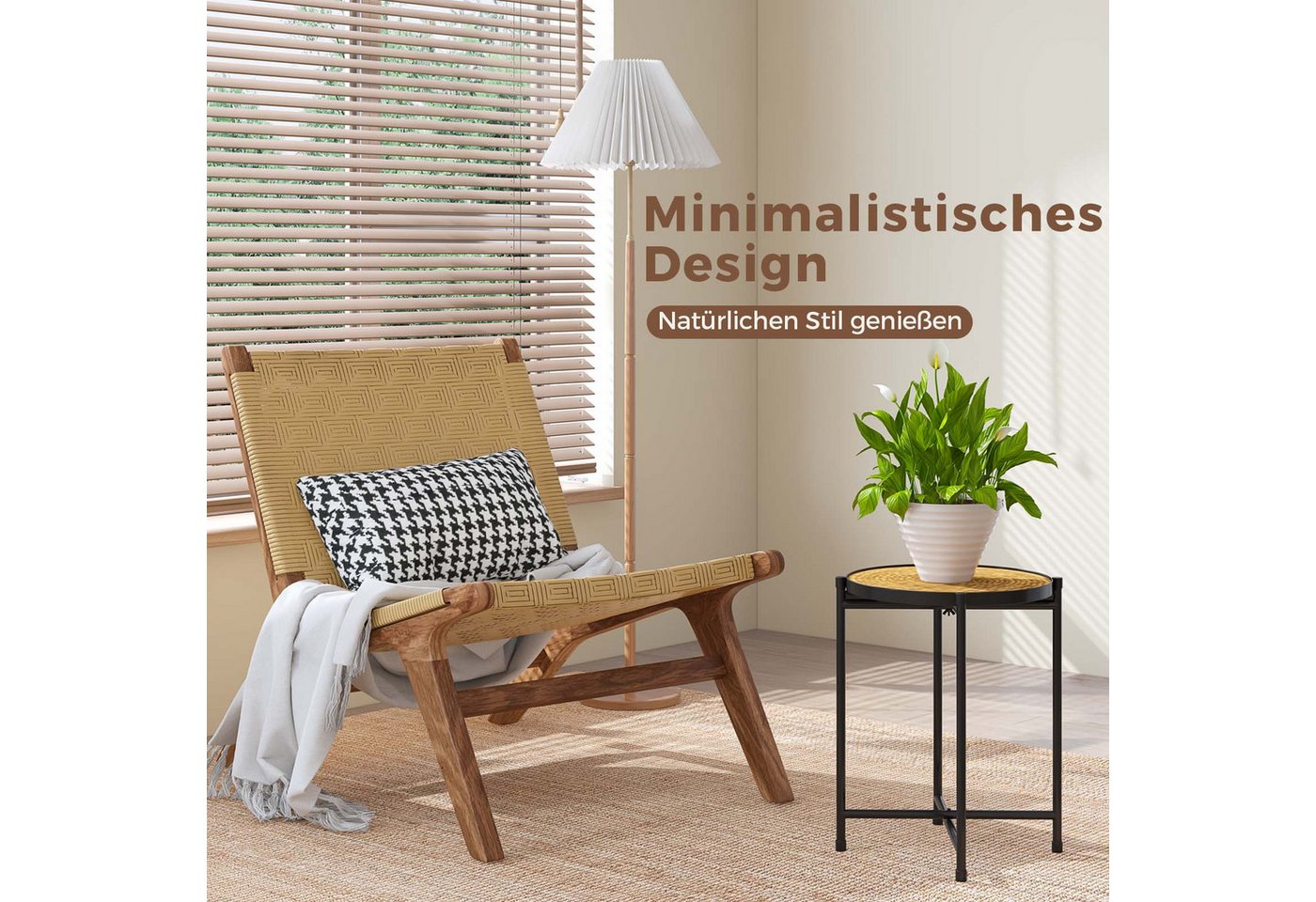 Bamworld Blumenständer Metall-Pflanzenständer mit geflochtenem Tablett (1 St), Modern, Innen & Außen für Wohnzimmer, Terrasse, Balkon – Bild 4 von 5