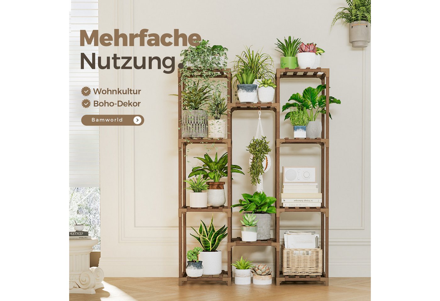 Bamworld Blumenständer Pflanzenständer Hoher Pflanzenstufen Pflanzenregal (1 St), Mehrstufiges Blumenregal für Außen (Terrasse/Balkon/Garten) – Bild 4 von 5