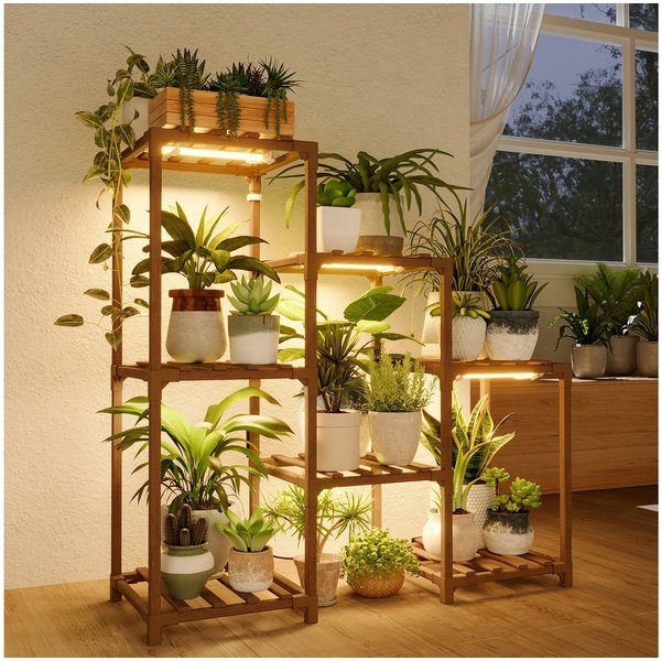 Bamworld Blumenständer Pflanzenständer mit Pflanzenlampe, Holzregal mit Warmlicht (1 St), 3 Ebenen, platzsparend, ideal für kleine Räume