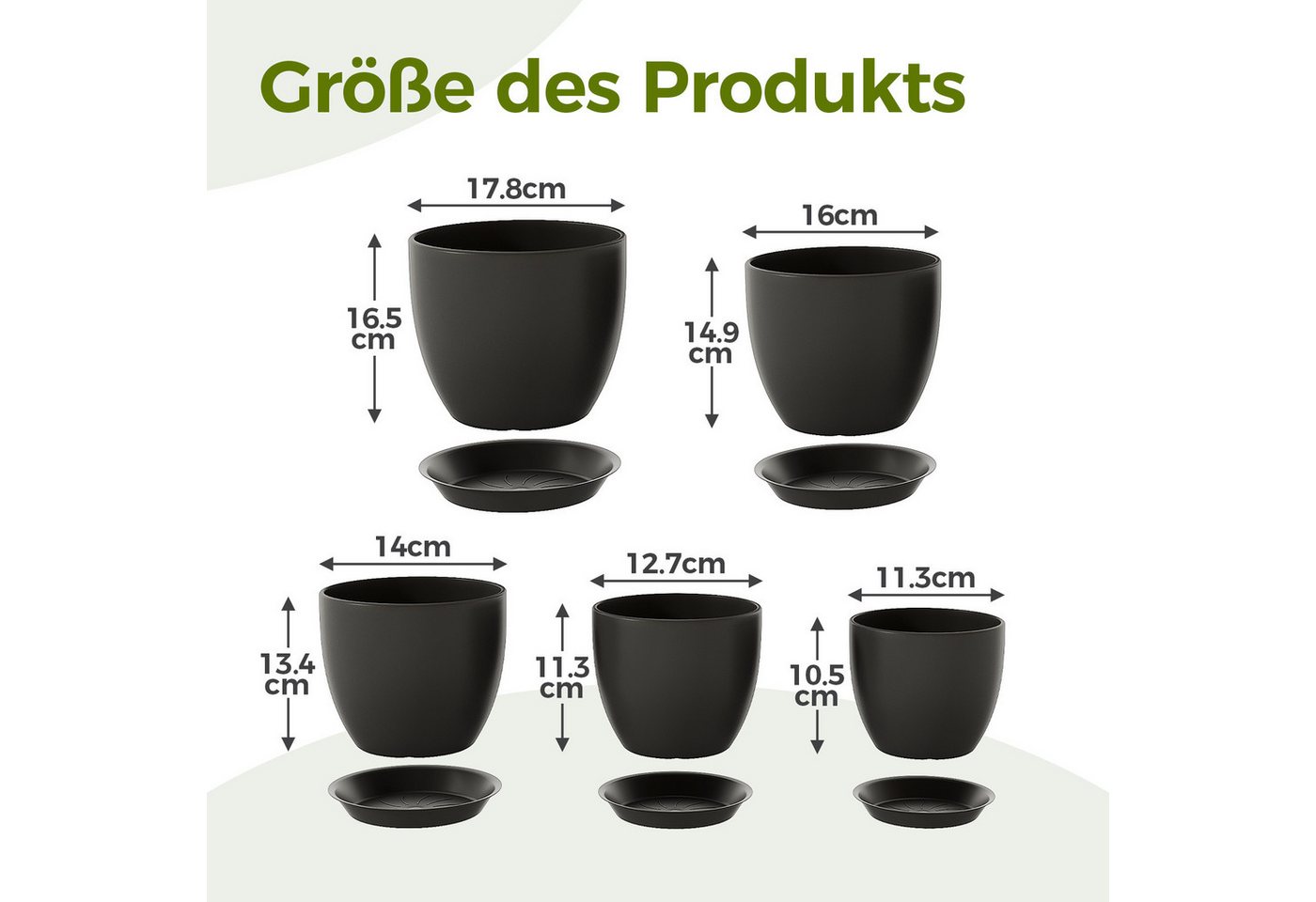 Bamworld Blumentopf 5er Set Blumentöpfe mit Löchern & Untersetzern, Kunststoff Schwarz (5 St), Verschiedene Größen für drinnen & draußen, modern & vielseitig – Bild 2 von 5