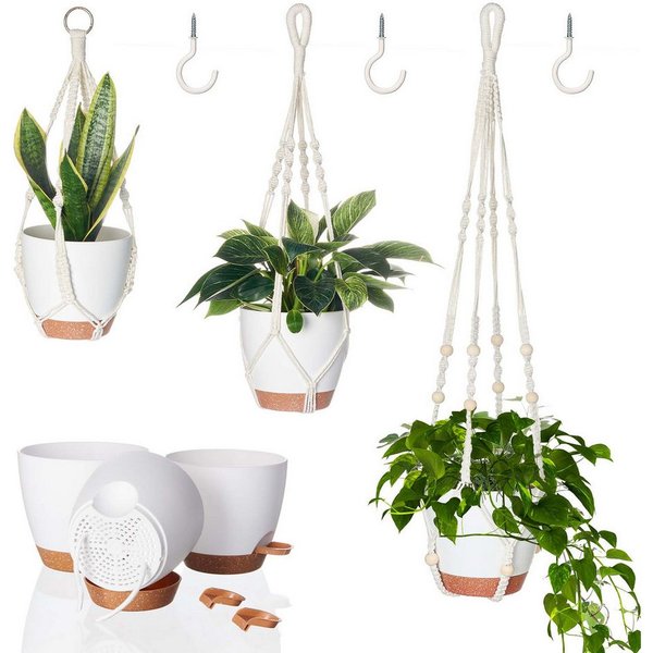 Bamworld Hängekorb Makramé-Hängekörbchen-Set 3er, 3 selbstbewässernde Töpfe + Haken (3 St), Boho-Dekoration aus Baumwollseil – Platzsparend & stabil