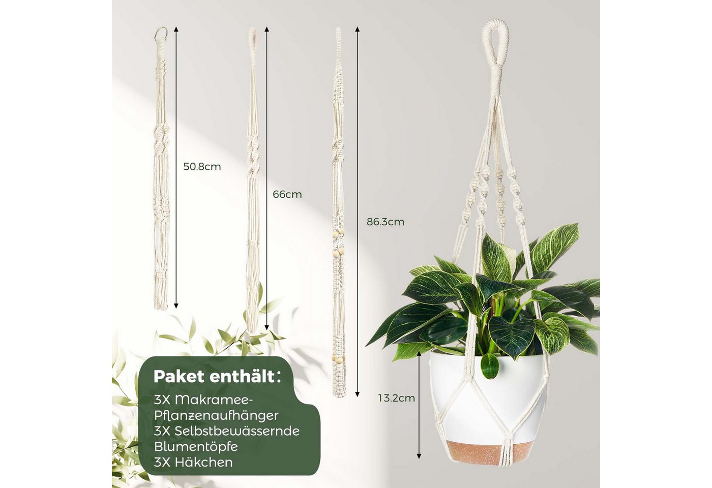Bamworld Hängekorb Makramé-Hängekörbchen-Set 3er, 3 selbstbewässernde Töpfe + Haken (3 St), Boho-Dekoration aus Baumwollseil – Platzsparend & stabil – Bild 2 von 5