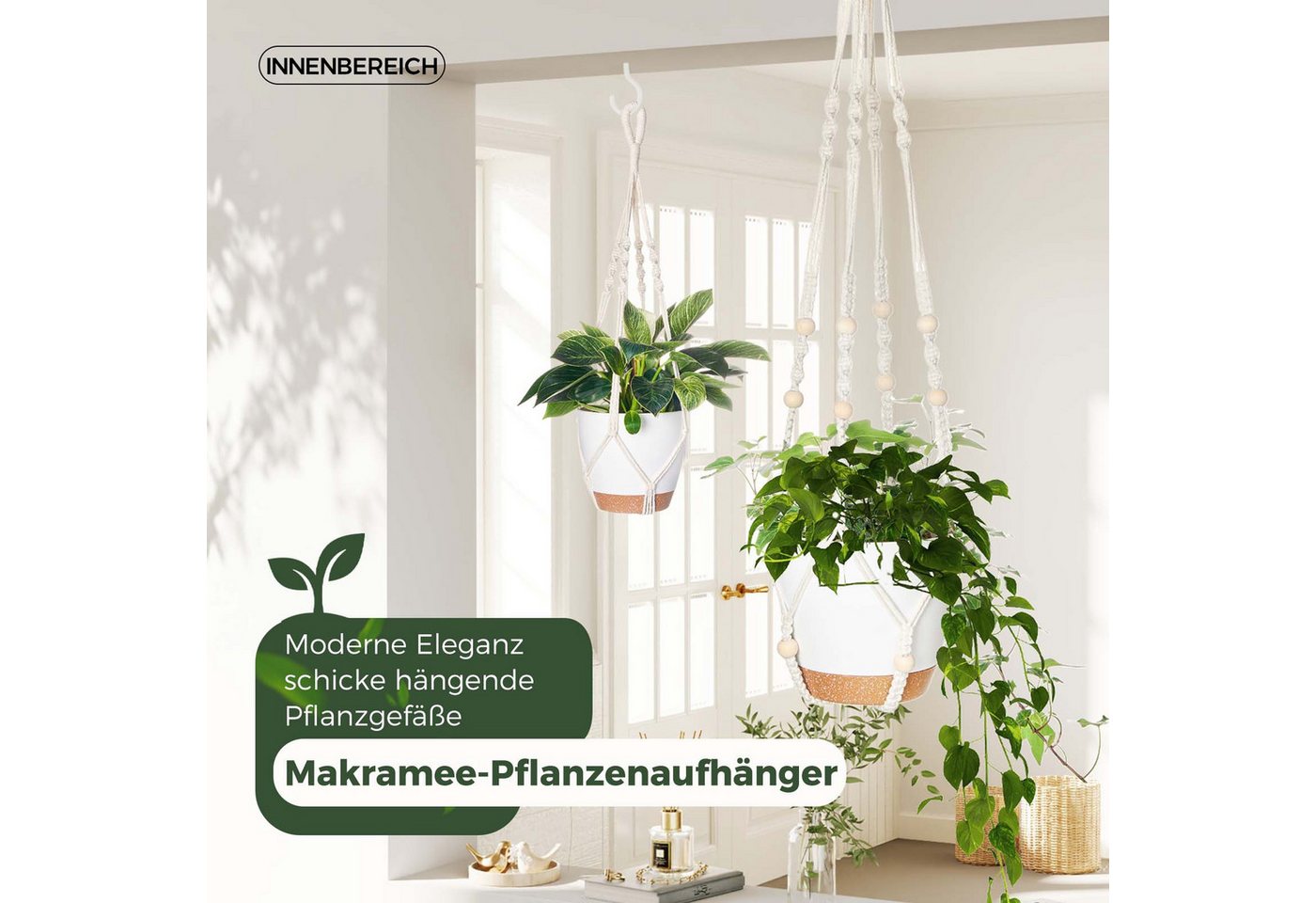 Bamworld Hängekorb Makramé-Hängekörbchen-Set 3er, 3 selbstbewässernde Töpfe + Haken (3 St), Boho-Dekoration aus Baumwollseil – Platzsparend & stabil – Bild 3 von 5