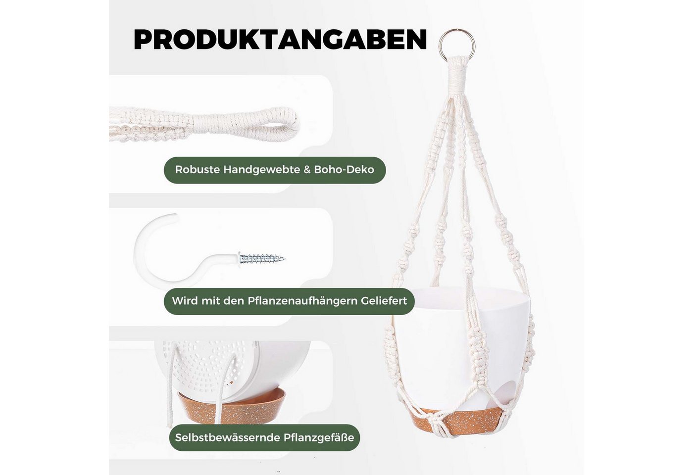 Bamworld Hängekorb Makramé-Hängekörbchen-Set 3er, 3 selbstbewässernde Töpfe + Haken (3 St), Boho-Dekoration aus Baumwollseil – Platzsparend & stabil – Bild 4 von 5