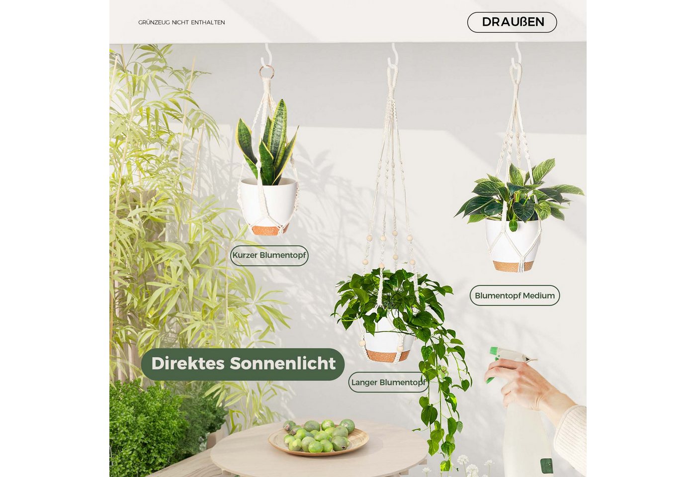 Bamworld Hängekorb Makramé-Hängekörbchen-Set 3er, 3 selbstbewässernde Töpfe + Haken (3 St), Boho-Dekoration aus Baumwollseil – Platzsparend & stabil – Bild 5 von 5