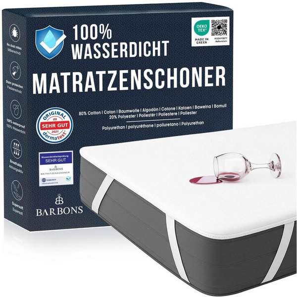 Matratzenschoner, Matratzenauflage OEKO-TEX zertifiziert, Matratzenschutz Baumwolle BARBONS, Atmungsaktiv, Wasserdicht, Knisterfrei