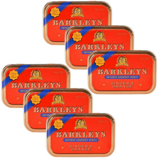 BARKLEYS Süßigkeit, Barkleys Ginger und Orange Pastillen in einer Metalldose 50g 6er Pack