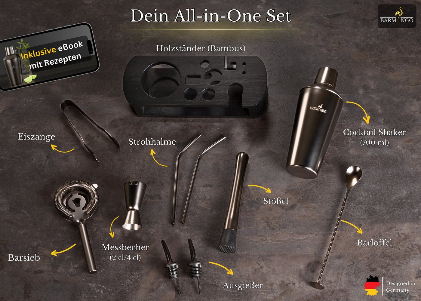 BARMINGO Cocktail-Set Edelstahl Cocktail Shaker Set (700 oder 500ml) mit Bar Zubehör, (Cocktailshaker Set, 11-tlg., für Profis und Anfänger), Cocktail Zubehör m – Bild 3 von 5