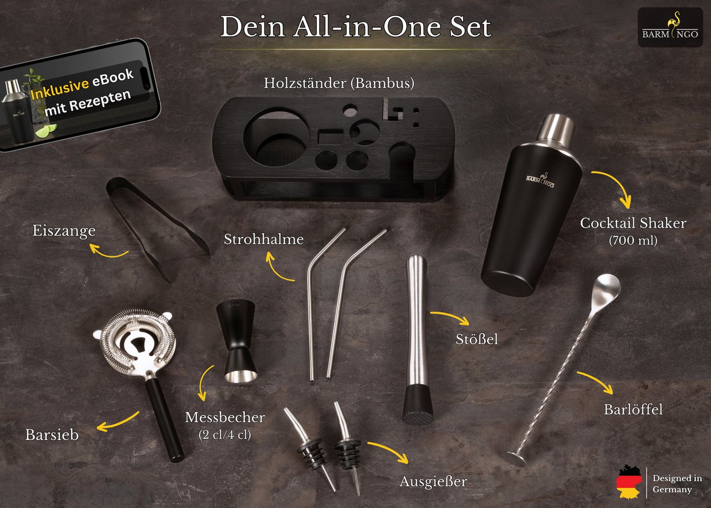 BARMINGO Cocktail-Set Edelstahl Cocktail Shaker Set (700 oder 500ml) mit Bar Zubehör, (Cocktailshaker Set, 11-tlg., für Profis und Anfänger), Cocktail Zubehör m – Bild 3 von 5