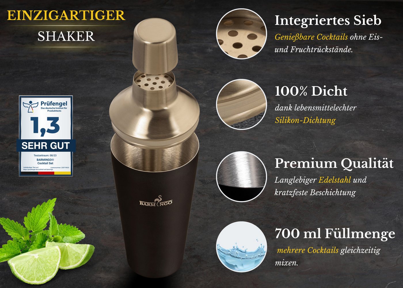 BARMINGO Cocktail-Set Edelstahl Cocktail Shaker Set (700 oder 500ml) mit Bar Zubehör, (Cocktailshaker Set, 11-tlg., für Profis und Anfänger), Cocktail Zubehör m – Bild 4 von 5