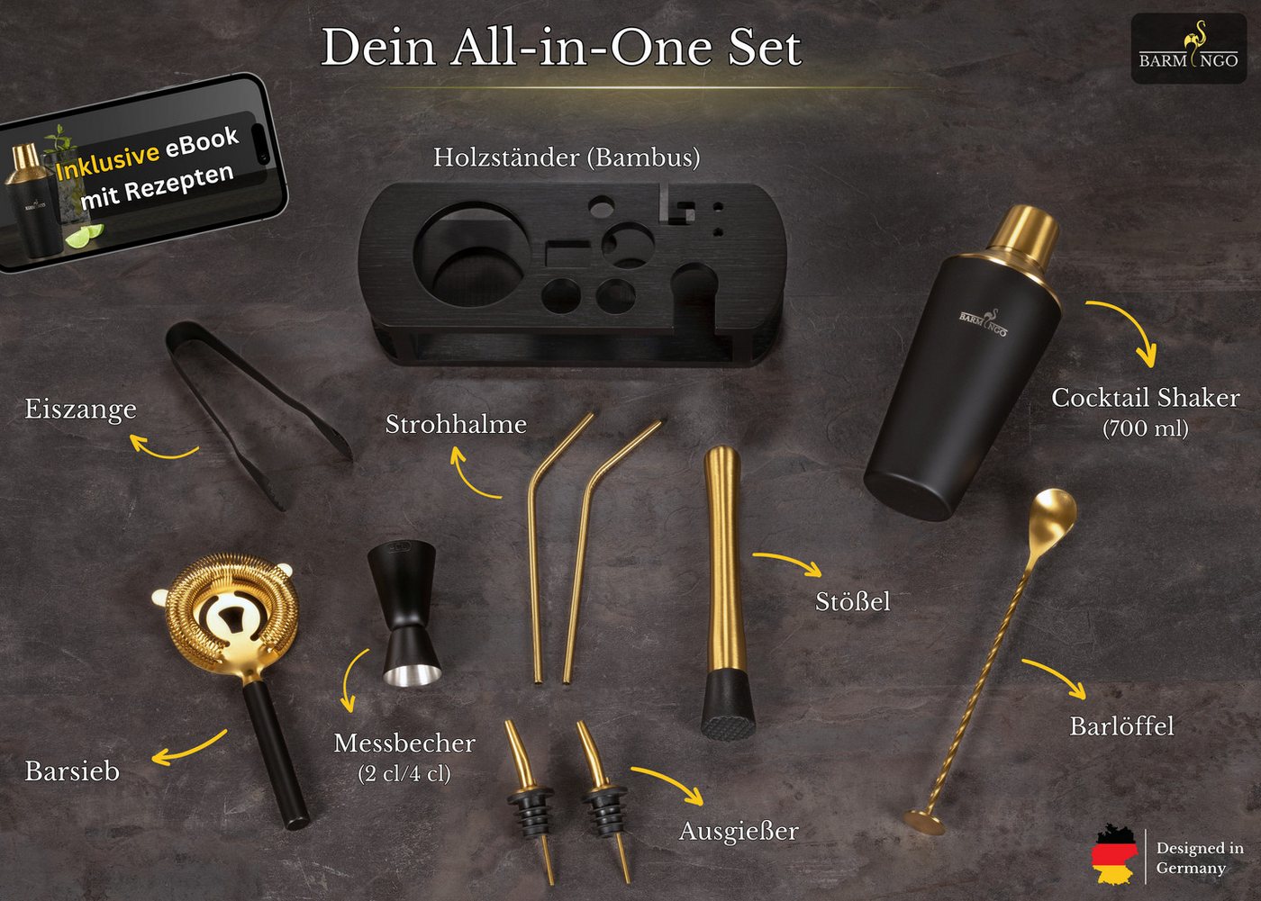 BARMINGO Cocktail-Set Edelstahl Cocktail Shaker Set (700 oder 500ml) mit Bar Zubehör, (Cocktailshaker Set, 11-tlg., für Profis und Anfänger), Cocktail Zubehör m – Bild 3 von 5