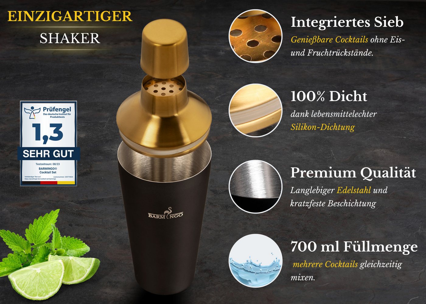BARMINGO Cocktail-Set Edelstahl Cocktail Shaker Set (700 oder 500ml) mit Bar Zubehör, (Cocktailshaker Set, 11-tlg., für Profis und Anfänger), Cocktail Zubehör m – Bild 4 von 5