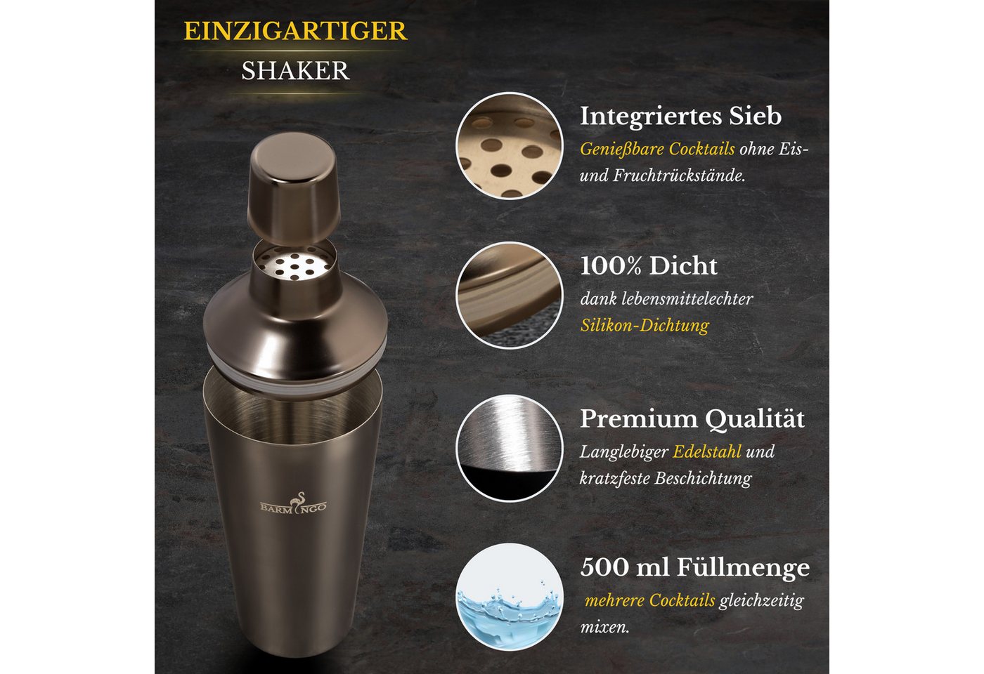 BARMINGO Cocktail-Set Edelstahl Cocktail Shaker Set (700 oder 500ml) mit Bar Zubehör, (Cocktailshaker Set, 5-tlg., für Profis und Anfänger), Cocktail Zubehör mi – Bild 4 von 5