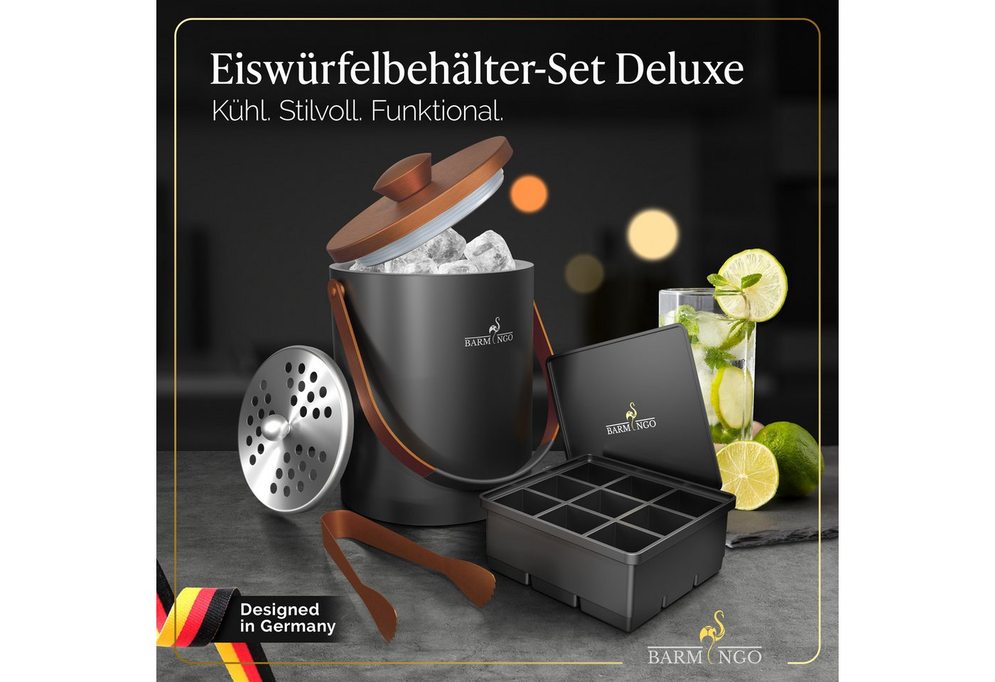 BARMINGO Eiswürfelbehälter mit Deckel (2 Liter), Edelstahl Eiskübel, (Eisbehälter Set, 3-tlg., 3 x 3 x 3 cm Eiswürfel, mit Sieb, Silikon Eiswürfelform & Zange), – Bild 2 von 5