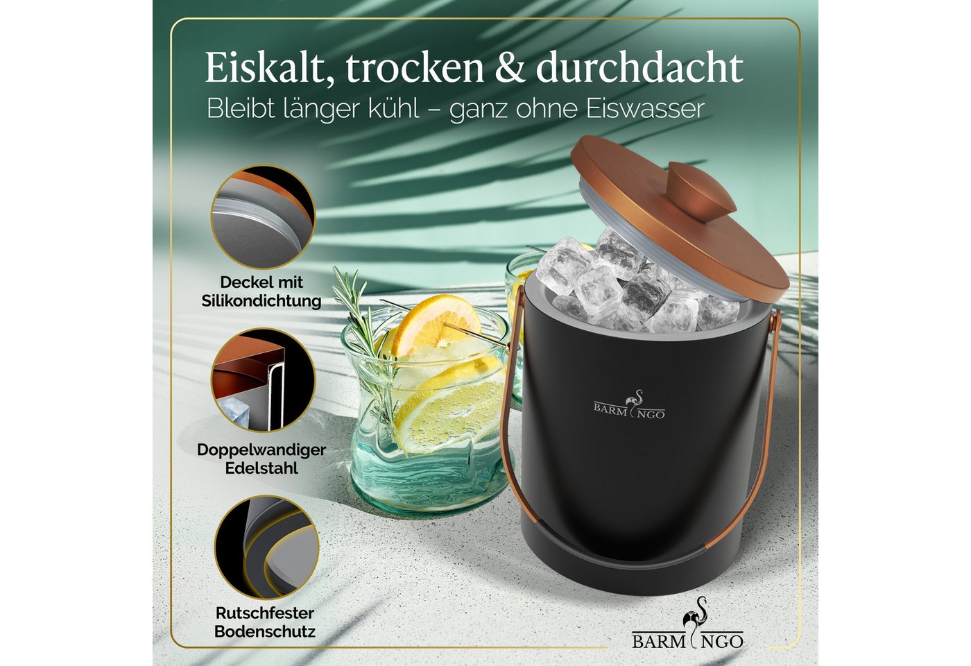 BARMINGO Eiswürfelbehälter mit Deckel (2 Liter), Edelstahl Eiskübel, (Eisbehälter Set, 3-tlg., 3 x 3 x 3 cm Eiswürfel, mit Sieb, Silikon Eiswürfelform & Zange), – Bild 4 von 5