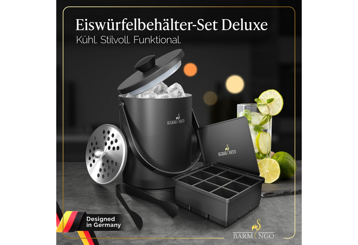 BARMINGO Eiswürfelbehälter mit Deckel (2 Liter), Edelstahl Eiskübel, (Eisbehälter Set, 3-tlg., 3 x 3 x 3 cm Eiswürfel, mit Sieb, Silikon Eiswürfelform & Zange), – Bild 2 von 5