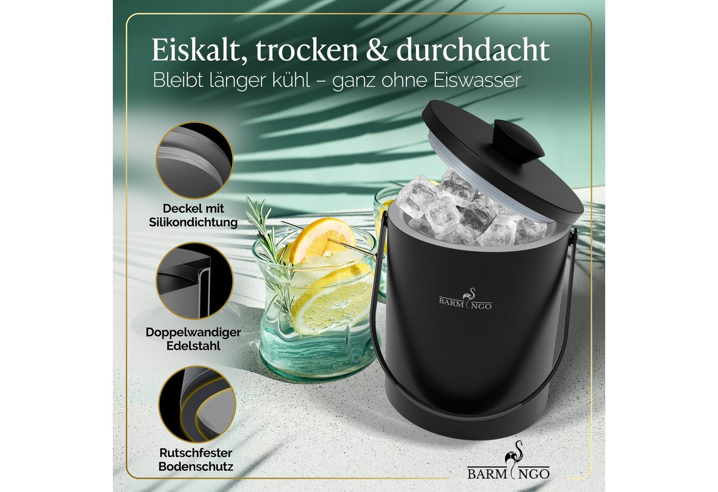 BARMINGO Eiswürfelbehälter mit Deckel (2 Liter), Edelstahl Eiskübel, (Eisbehälter Set, 3-tlg., 3 x 3 x 3 cm Eiswürfel, mit Sieb, Silikon Eiswürfelform & Zange), – Bild 4 von 5
