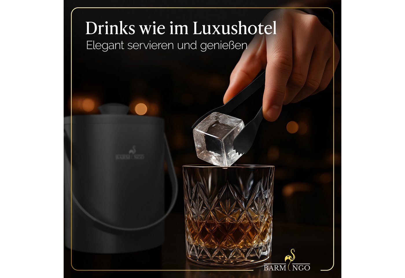 BARMINGO Eiswürfelbehälter mit Deckel (2 Liter), Edelstahl Eiskübel, (Eisbehälter Set, 3-tlg., 3 x 3 x 3 cm Eiswürfel, mit Sieb, Silikon Eiswürfelform & Zange), – Bild 5 von 5