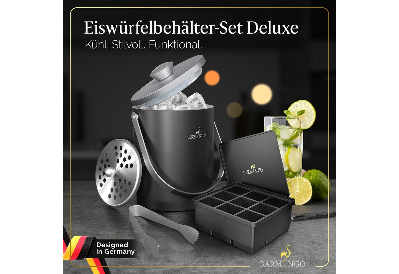 BARMINGO Eiswürfelbehälter mit Deckel (2 Liter), Edelstahl Eiskübel, (Eisbehälter Set, 3-tlg., 3 x 3 x 3 cm Eiswürfel, mit Sieb, Silikon Eiswürfelform & Zange), – Bild 2 von 5