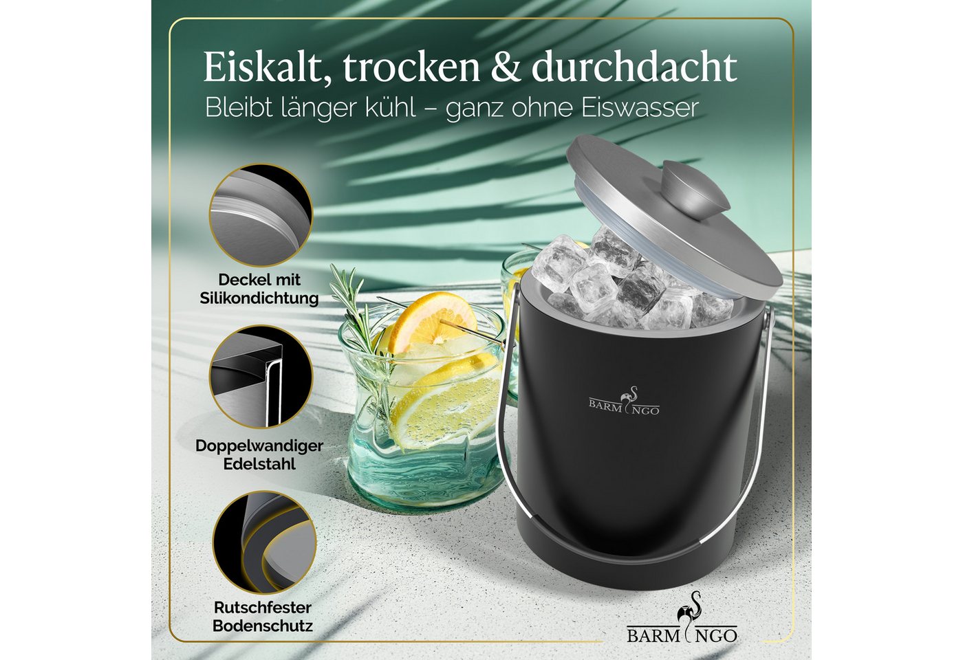 BARMINGO Eiswürfelbehälter mit Deckel (2 Liter), Edelstahl Eiskübel, (Eisbehälter Set, 3-tlg., 3 x 3 x 3 cm Eiswürfel, mit Sieb, Silikon Eiswürfelform & Zange), – Bild 4 von 5
