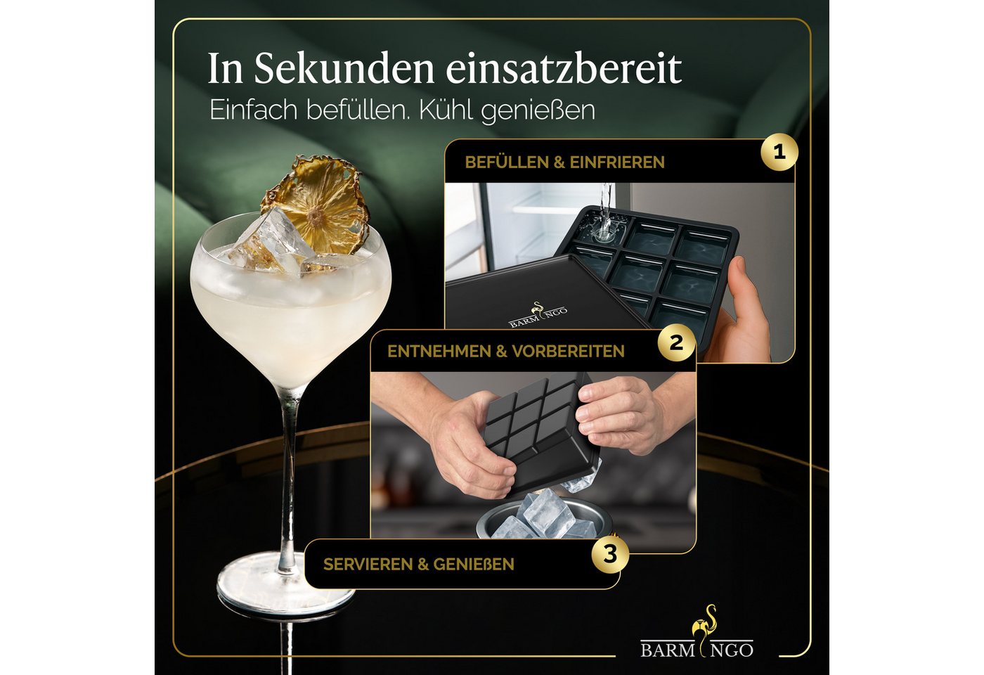 BARMINGO Eiswürfelbehälter mit Deckel (2 Liter), Edelstahl Eiskübel, (Eisbehälter Set, 3-tlg., 3 x 3 x 3 cm Eiswürfel, mit Sieb, Silikon Eiswürfelform & Zange), – Bild 5 von 5