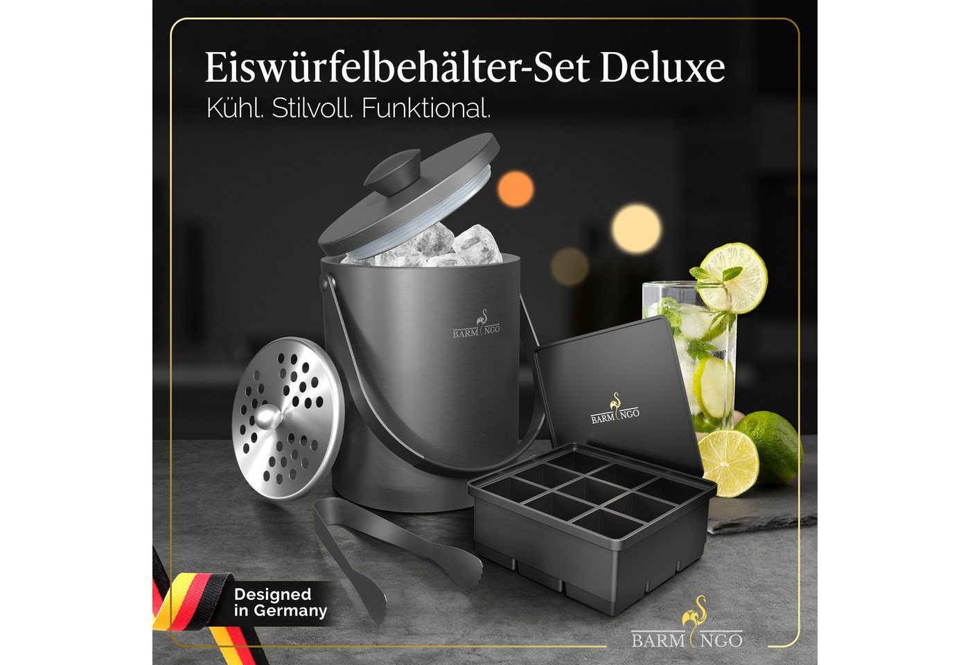 BARMINGO Eiswürfelbehälter mit Deckel (2 Liter), Edelstahl Eiskübel, (Eisbehälter Set, 3-tlg., 3 x 3 x 3 cm Eiswürfel, mit Sieb, Silikon Eiswürfelform & Zange), – Bild 2 von 5