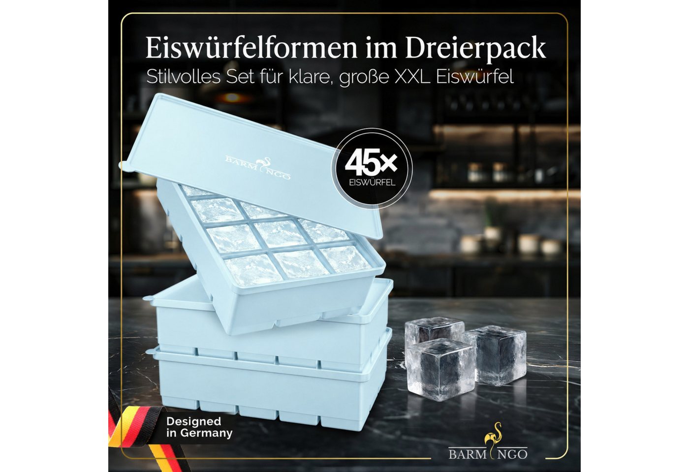 BARMINGO Eiswürfelform mit Deckel Silikon, BPA-freie Eiswürfelform groß / XXL, (3er Set), Große Eiswürfel Form, auslaufsicher & spülmaschinenfest – Bild 2 von 5