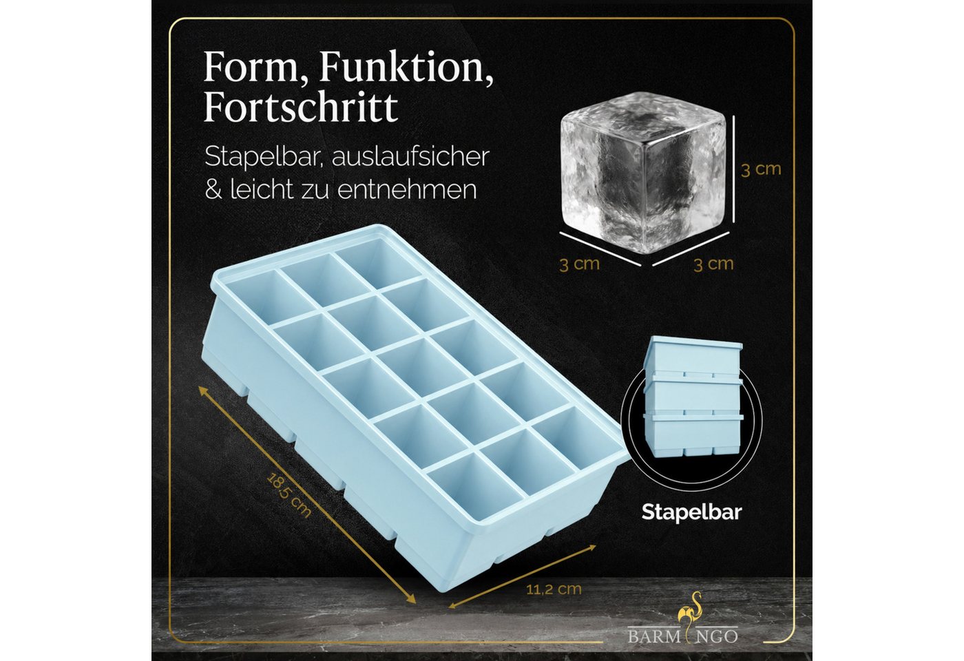 BARMINGO Eiswürfelform mit Deckel Silikon, BPA-freie Eiswürfelform groß / XXL, (3er Set), Große Eiswürfel Form, auslaufsicher & spülmaschinenfest – Bild 3 von 5