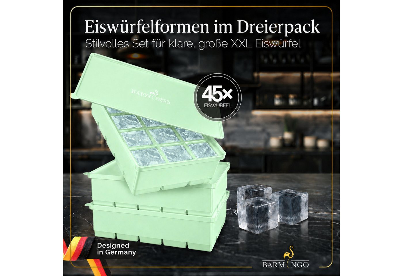BARMINGO Eiswürfelform mit Deckel Silikon, BPA-freie Eiswürfelform groß / XXL, (3er Set), Große Eiswürfel Form, auslaufsicher & spülmaschinenfest – Bild 2 von 5