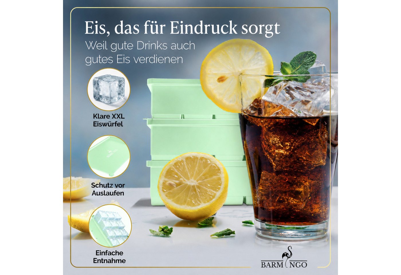 BARMINGO Eiswürfelform mit Deckel Silikon, BPA-freie Eiswürfelform groß / XXL, (3er Set), Große Eiswürfel Form, auslaufsicher & spülmaschinenfest – Bild 5 von 5
