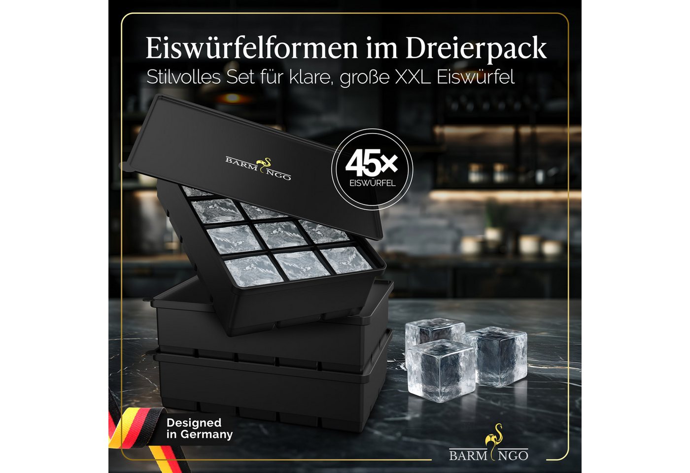 BARMINGO Eiswürfelform mit Deckel Silikon, BPA-freie Eiswürfelform groß / XXL, (3er Set), Große Eiswürfel Form, auslaufsicher & spülmaschinenfest – Bild 2 von 5