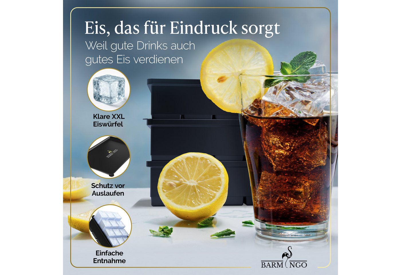 BARMINGO Eiswürfelform mit Deckel Silikon, BPA-freie Eiswürfelform groß / XXL, (3er Set), Große Eiswürfel Form, auslaufsicher & spülmaschinenfest – Bild 5 von 5