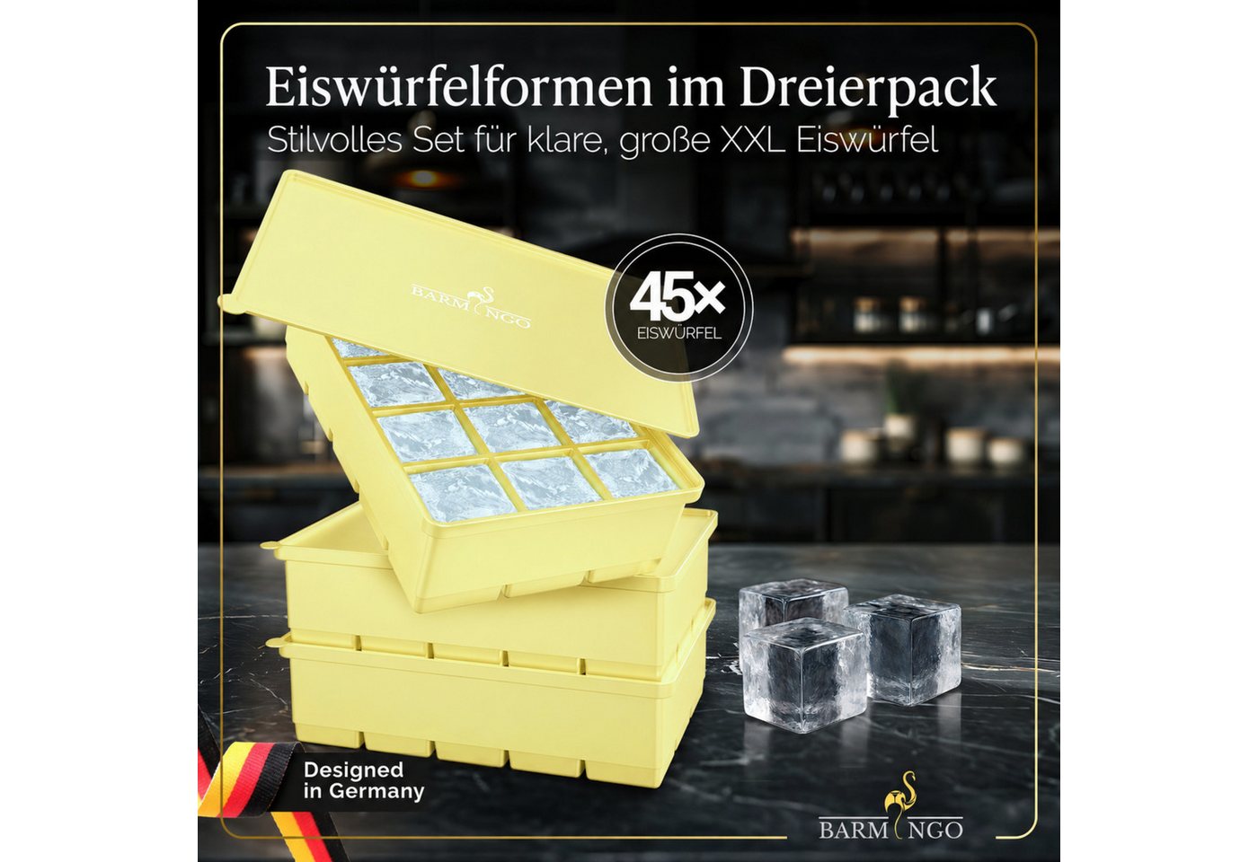 BARMINGO Eiswürfelform mit Deckel Silikon, BPA-freie Eiswürfelform groß / XXL, (3er Set), Große Eiswürfel Form, auslaufsicher & spülmaschinenfest – Bild 2 von 5