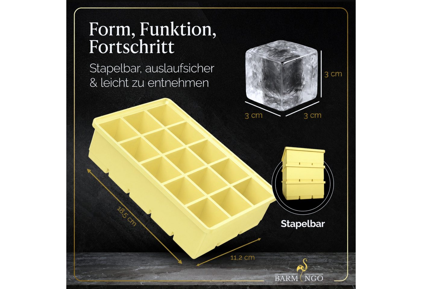 BARMINGO Eiswürfelform mit Deckel Silikon, BPA-freie Eiswürfelform groß / XXL, (3er Set), Große Eiswürfel Form, auslaufsicher & spülmaschinenfest – Bild 3 von 5