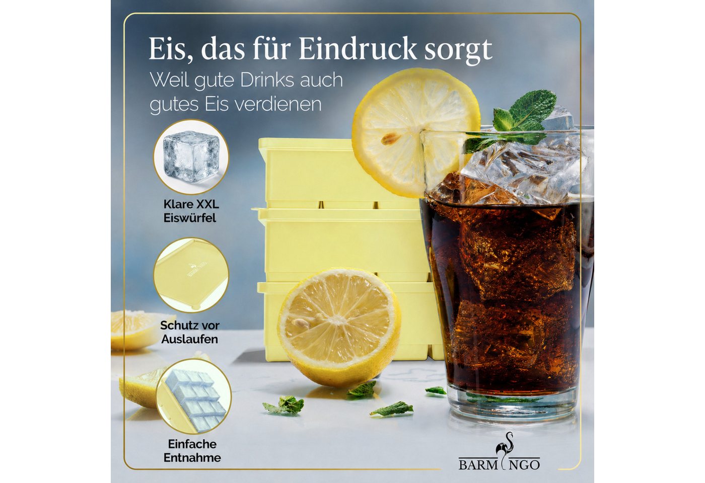 BARMINGO Eiswürfelform mit Deckel Silikon, BPA-freie Eiswürfelform groß / XXL, (3er Set), Große Eiswürfel Form, auslaufsicher & spülmaschinenfest – Bild 5 von 5